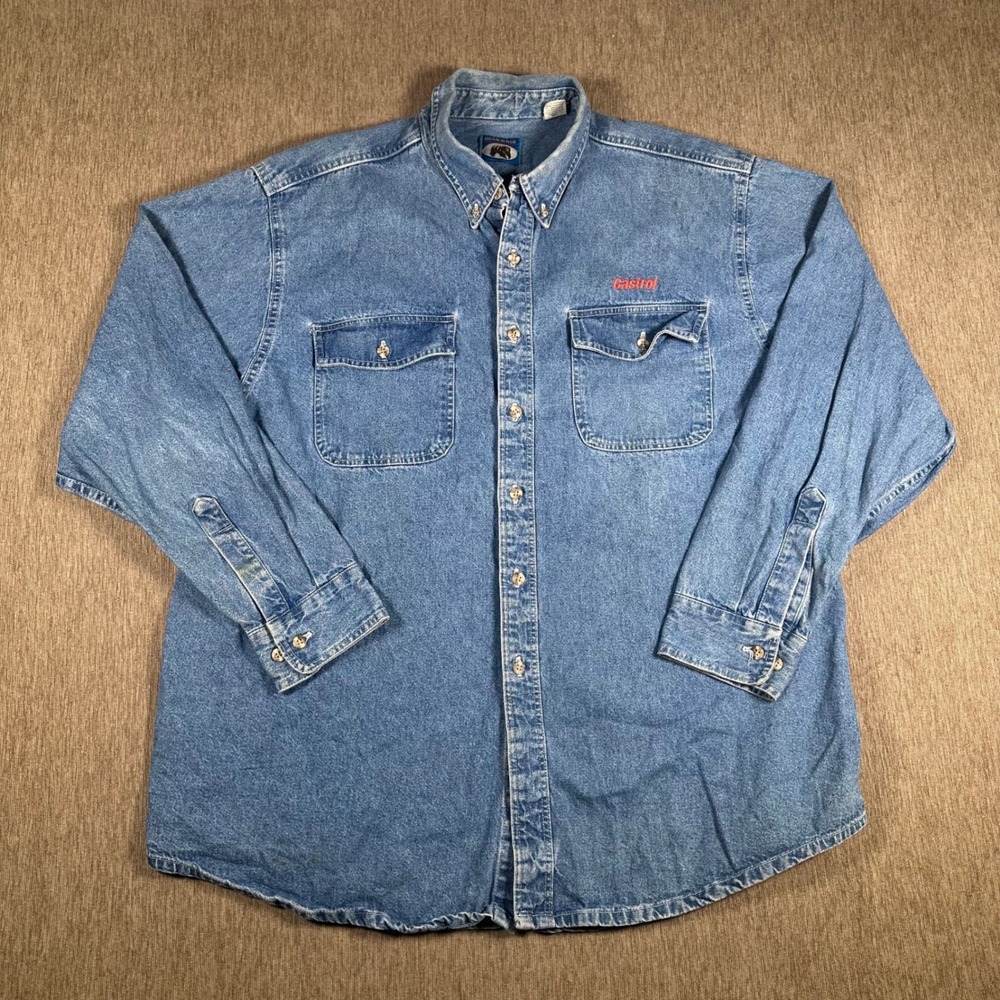 Bear Back Mens XL Denim Shirt Blue Long Sleeve Castrol Embroidered Made in USA